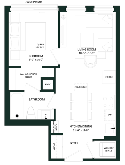 Floor plan for 1 bed, 1 bath, 519 sqft